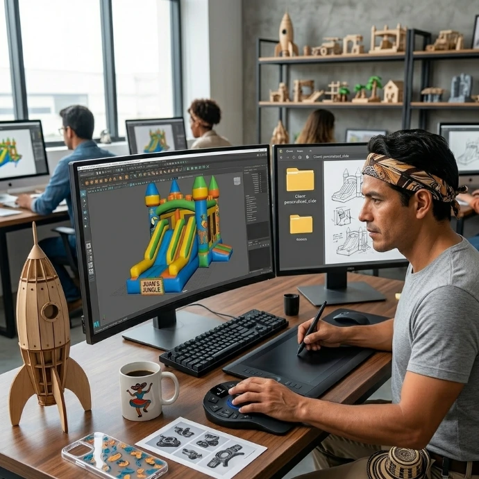 Diseñador desarrollando inflables personalizados para clientes