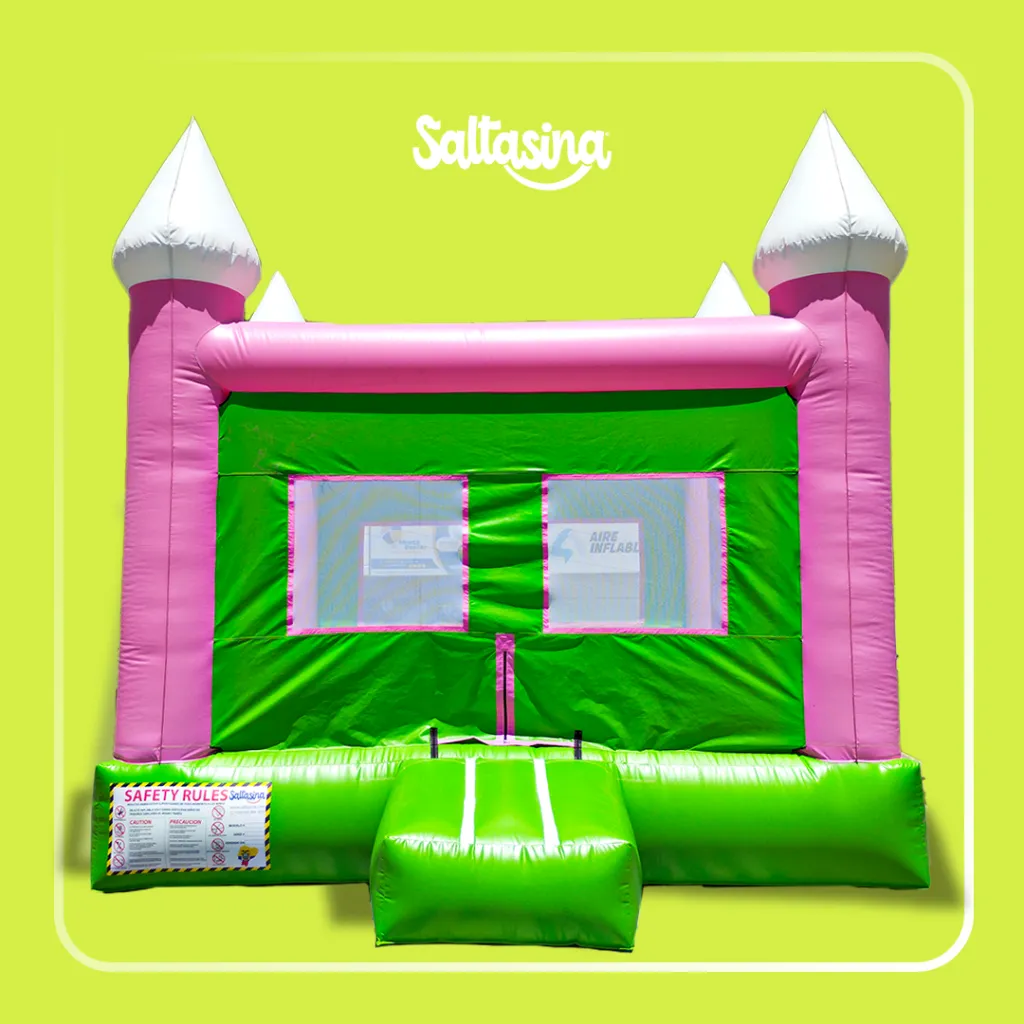 Castillo inflable mediano de 4x4 metros en colores rosa y verde, fabricado en lona PVC profesional